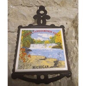 Vintage 1980's Cast Iron And Tile Trivet Taquamenon Falls" Souvenir (9” X 5”)